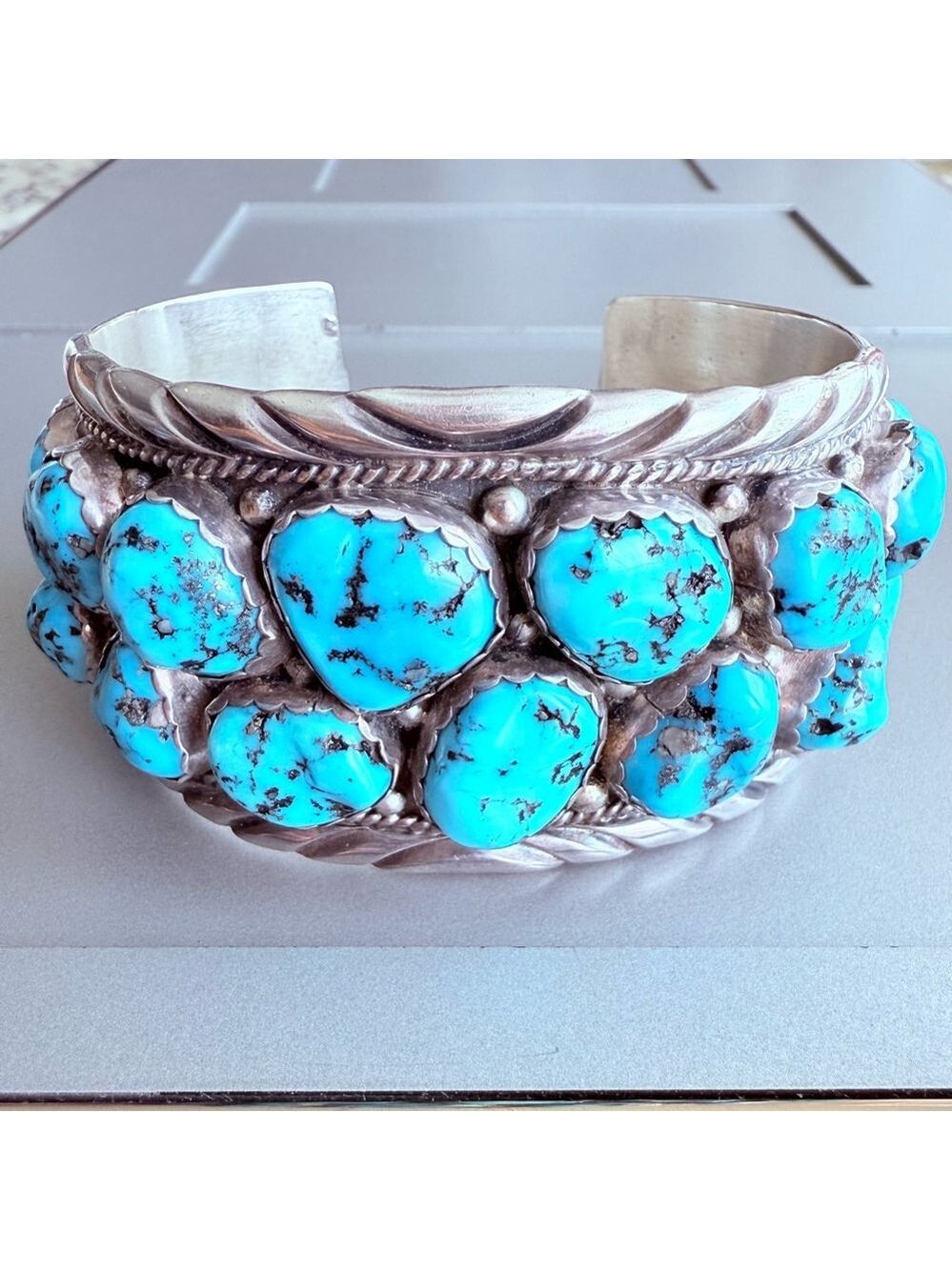 Native American Navajo Esther Spencer Kingman Turquoise Nugget Sterling Bracelet